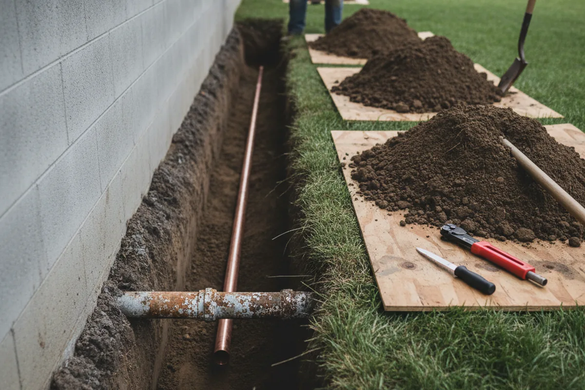 Excavated water line trench during Water Softener Installation in Noble